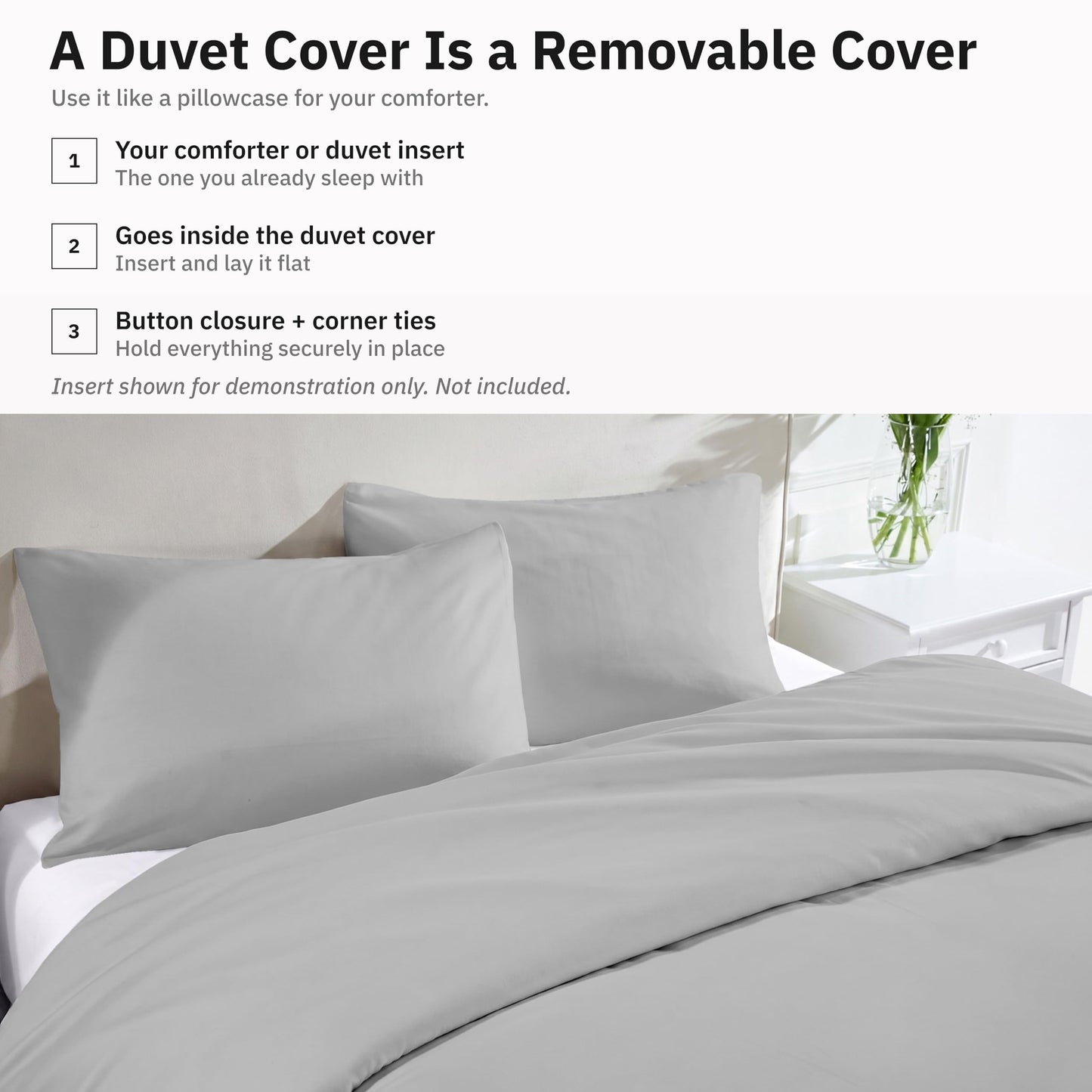 California Design Den 3 Pc Duvet Cover Set Queen Size/Full Size - Winner Good Housekeeping Best Bedding Awards 2025, 400 Thread Count Sateen, 100% Cotton, Button Closure, Corner Ties - Light Grey