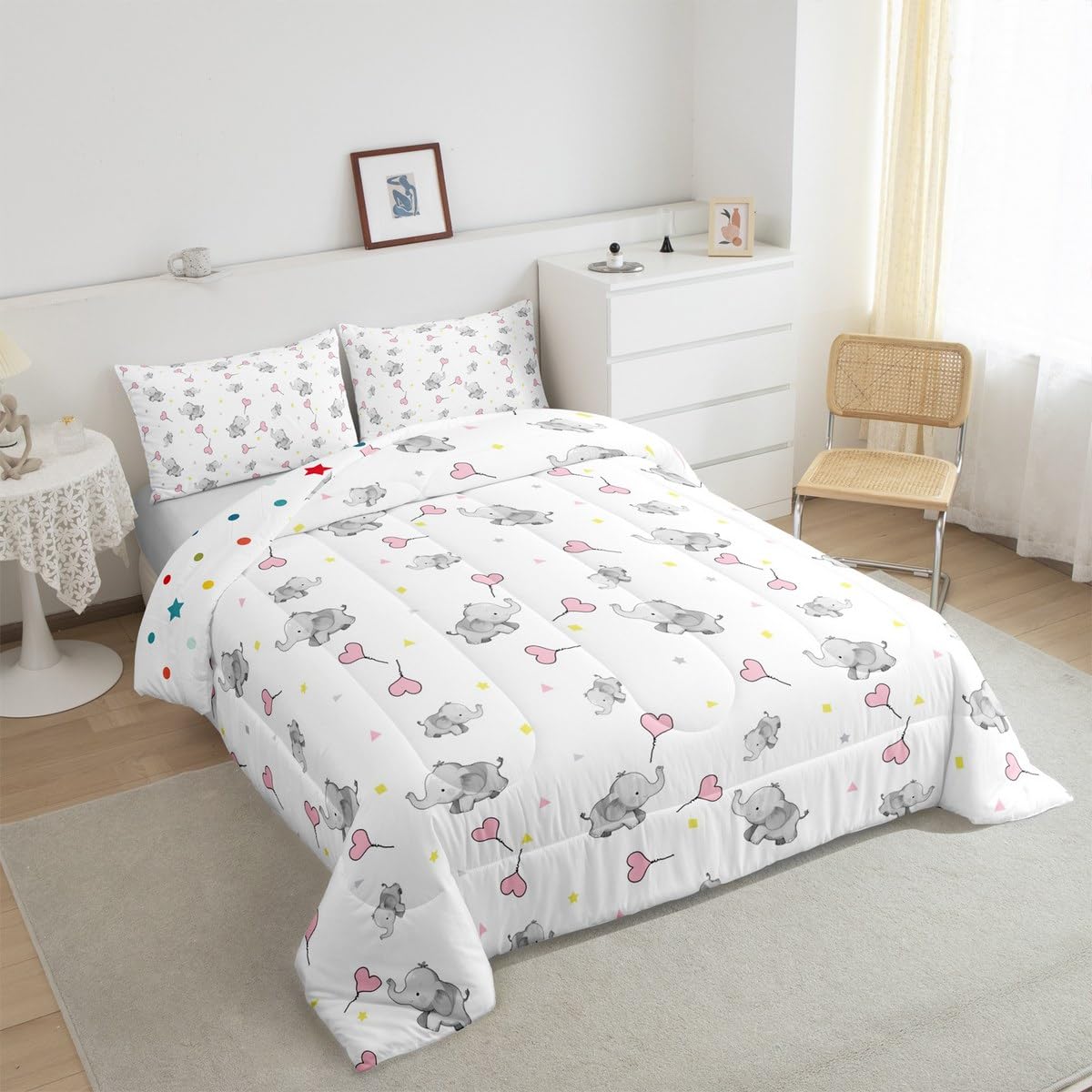 Erosebridal Lovely Elephant Comforter Set for Kids Girls Boys Teens Bedroom,Love Heart Down Comforter for All Season, Kawaii Animal Bedding Set, Cartoon Style Triangle Quilt Full Size