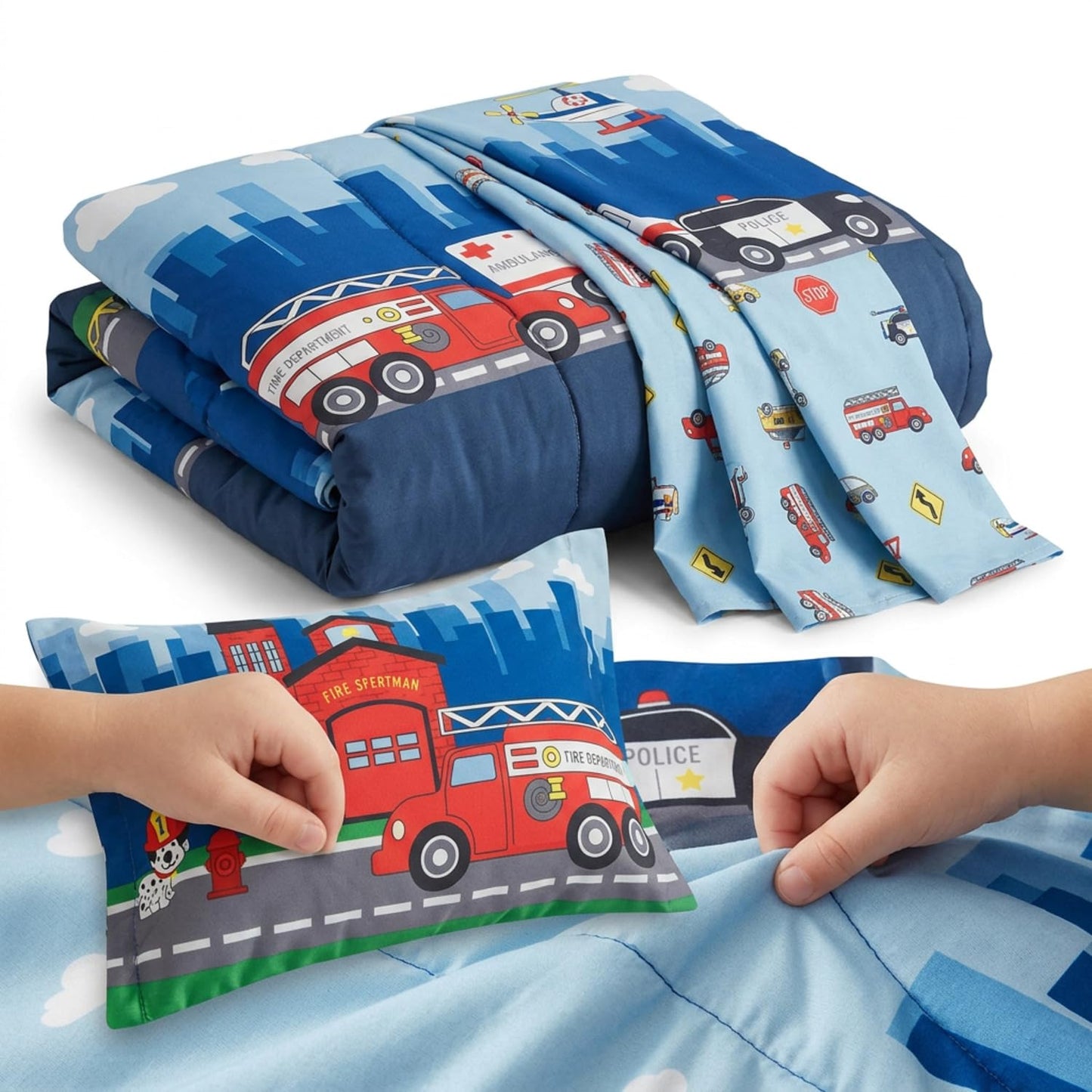 EVERYDAY KIDS 4 Piece Toddler Bedding Set -Fire and Police Rescue- Includes Comforter, Flat Sheet, Fitted Sheet and Reversible Pillowcase