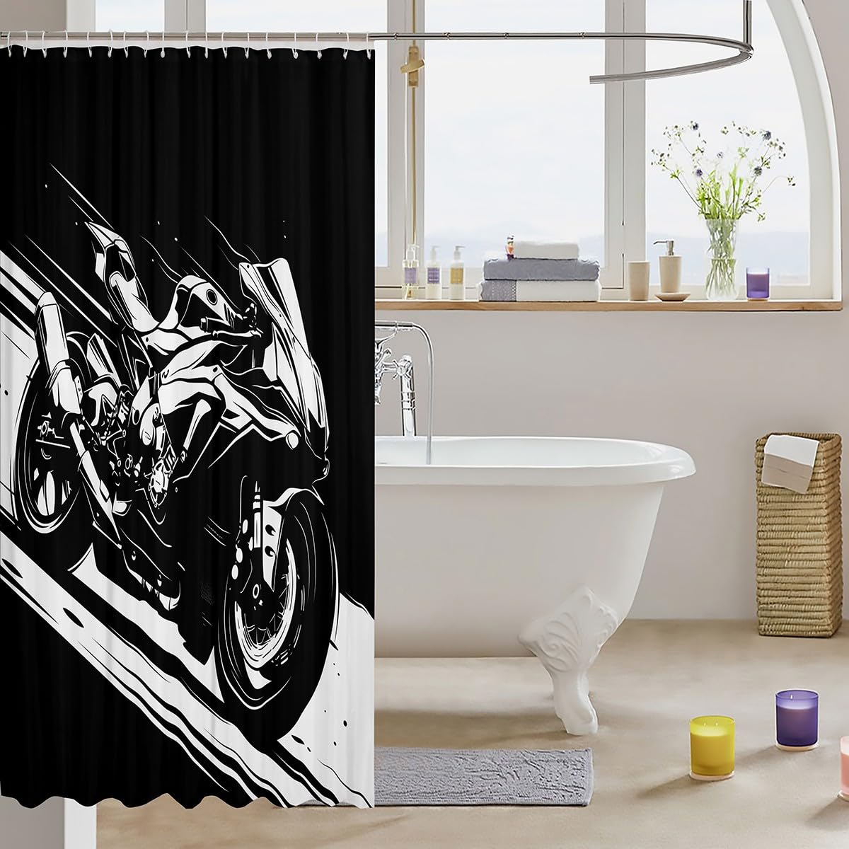 Feelyou Boys Girls Dirt Bike Bath Curtain Racing Motocross Bathroom Shower Curtain Set Motorcycle Shower Curtain Kids Motorbike Teens Bathroom Accessories Bedroom Decor 72"x84"
