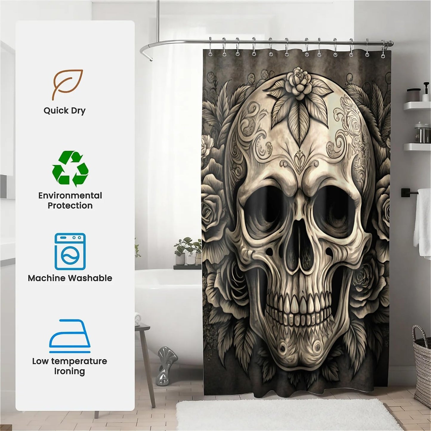 TANGXUNFA Flowers-Skull-1 Shower Curtain for Bathroom, Water-Resistant Long Shower Curtain Set 72x72 Inch with Metal Grommets and 12 Metal Hooks