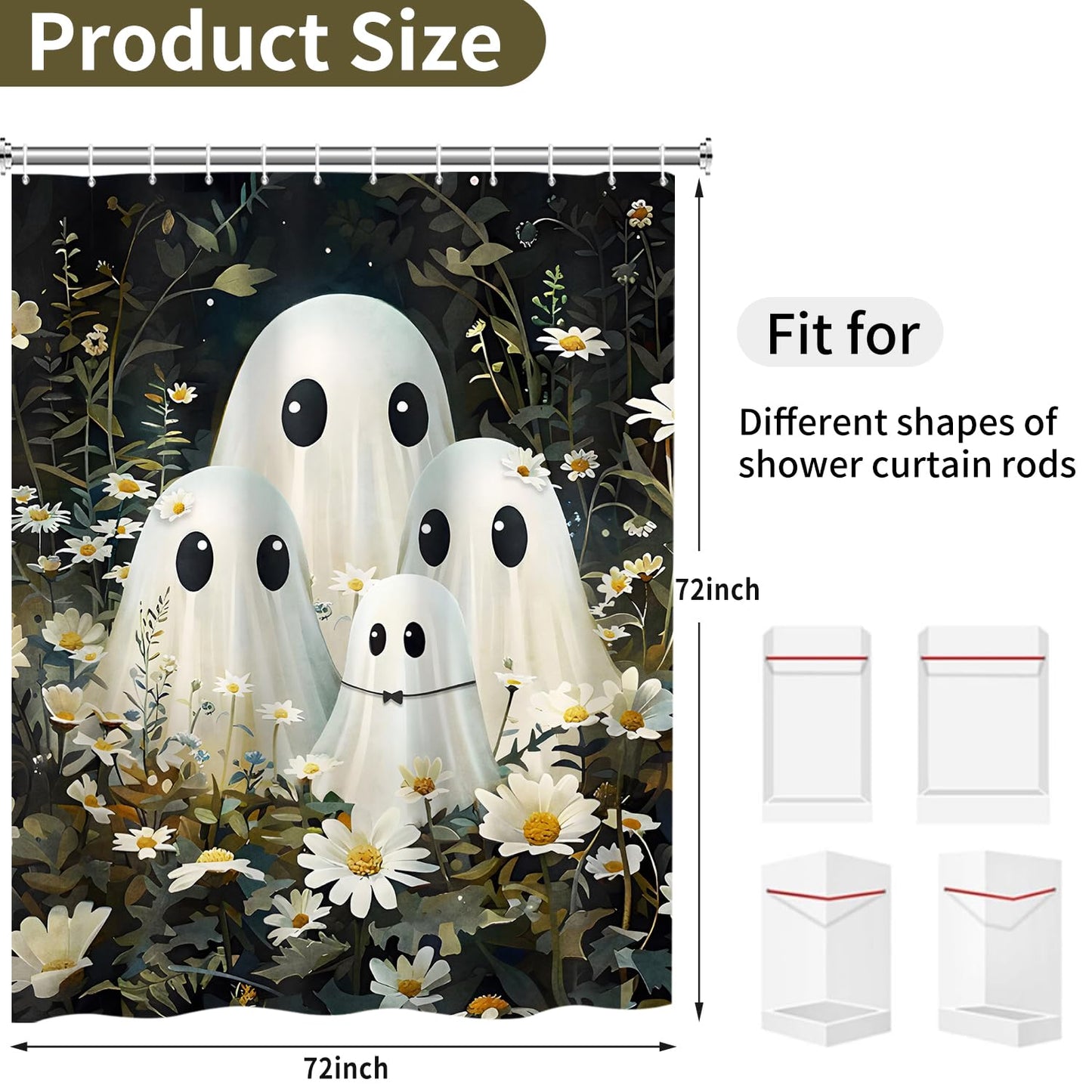 deFouliao Halloween Shower Curtain Flower with Ghost Family Cute Funny Bathroom Curtain Sets for Halloween Themed Bath Home Decor, Waterproof Fabric Decoration with Hooks 72x72 Inch