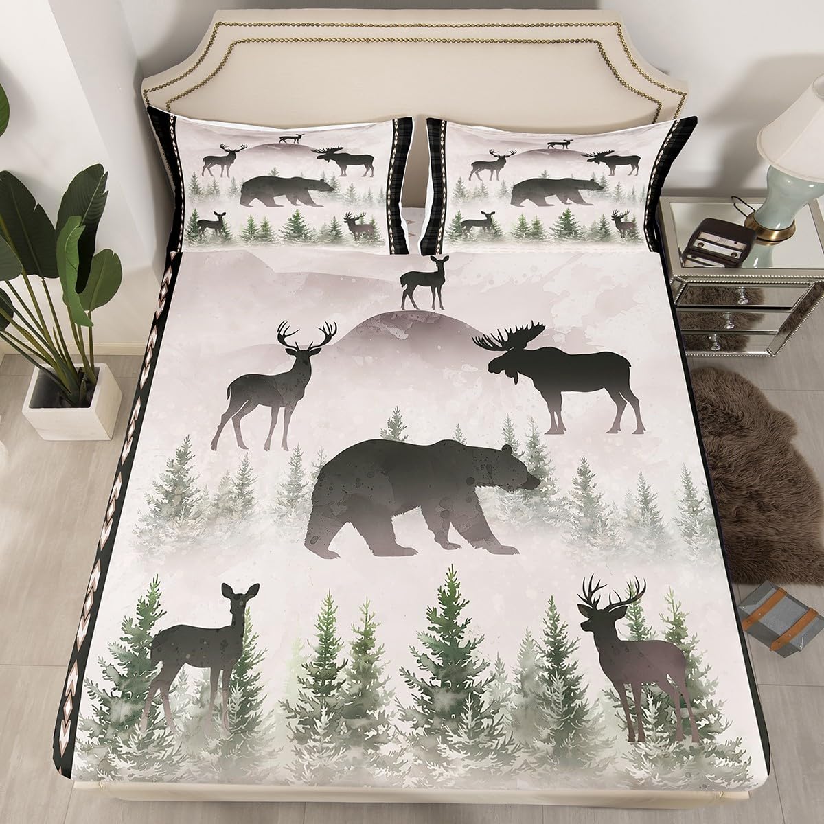 Cute Bear Deer Bed Sheets Full Size,Foggy Pine Tree Jungle Bedding Set 4Pcs,Hunting Animal Fitted Sheet for Kids Boys Woman Men Room Decor,Western Tribal Striped Top Flat Sheet,2 Pillowcases