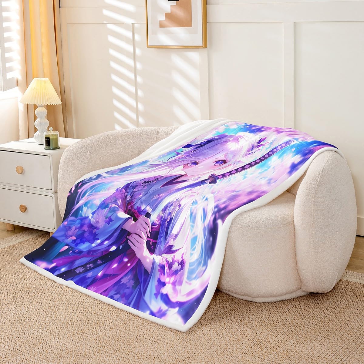 Erosebridal Anime Girl Twin Size Sherpa Blanket for Kids,Kawaii Japanese Anime Fuzzy Plush Throw Cartoon Girl Fleece Blanket Sci Fi Style Japanese Animation Decor for Bed Couch for Kids Girls