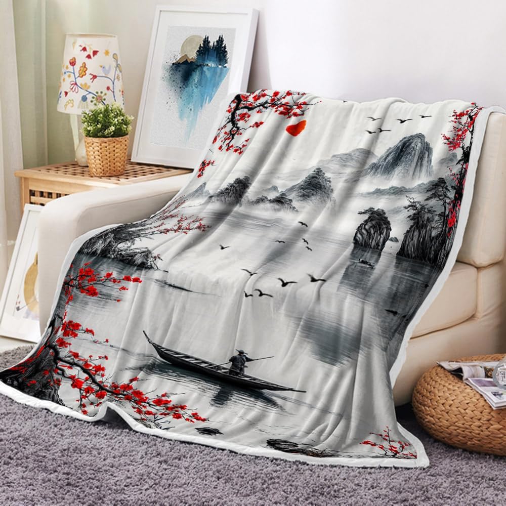 DYNH Japanese Cherry Blossom Blanket, Asian Nature Landscape Throw Blanket, Mountain Cherry Branches Red Sun Ink Painting Soft Warm Flannel Black White Grey Blanket,50X60