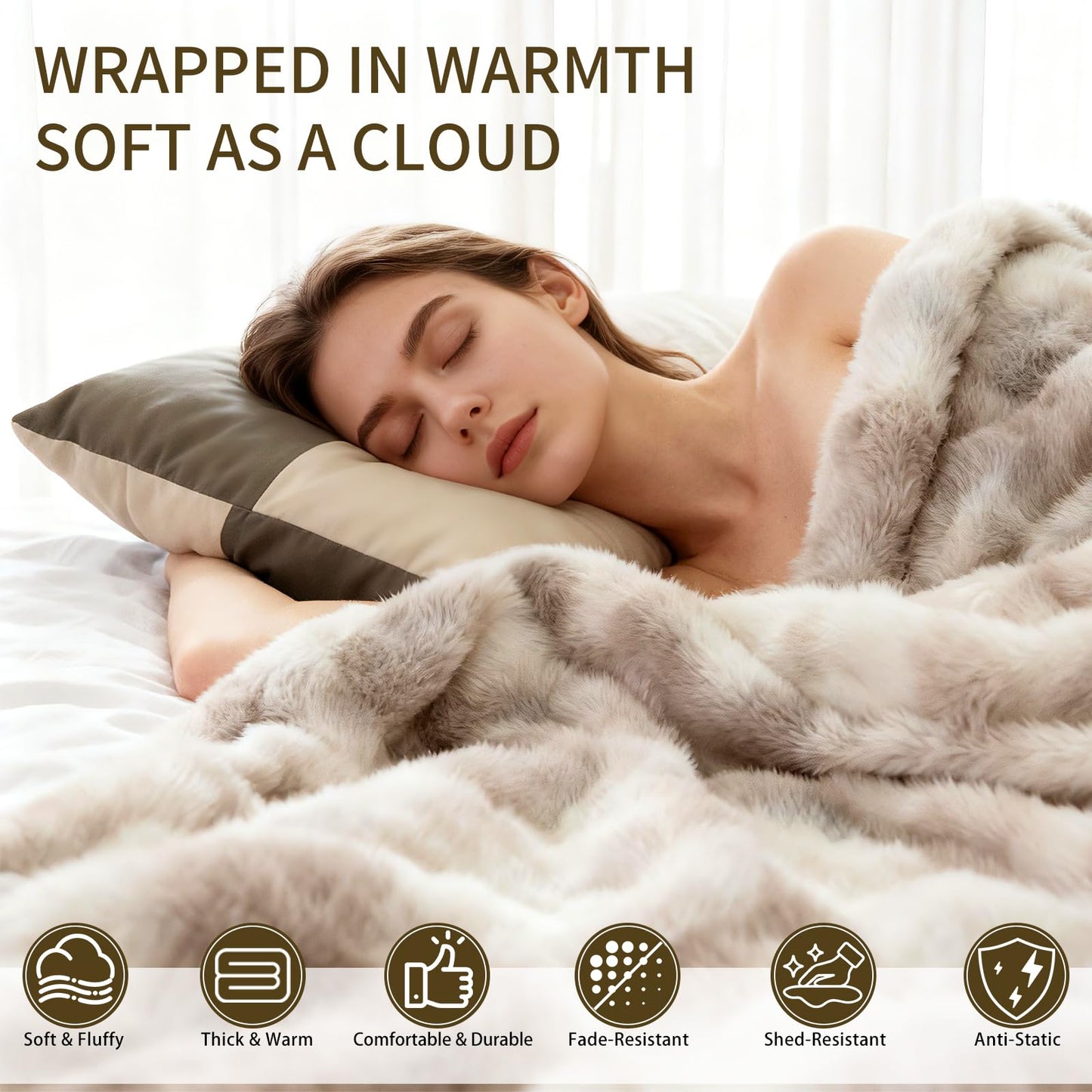 Seuqhck Faux Fur Throw Blanket, Soft and Plush Thick Bubble Blanket for Couch, Sofa, Bedroom and Living Room, 60 x 50 Inches, Tie-Dye Taupe