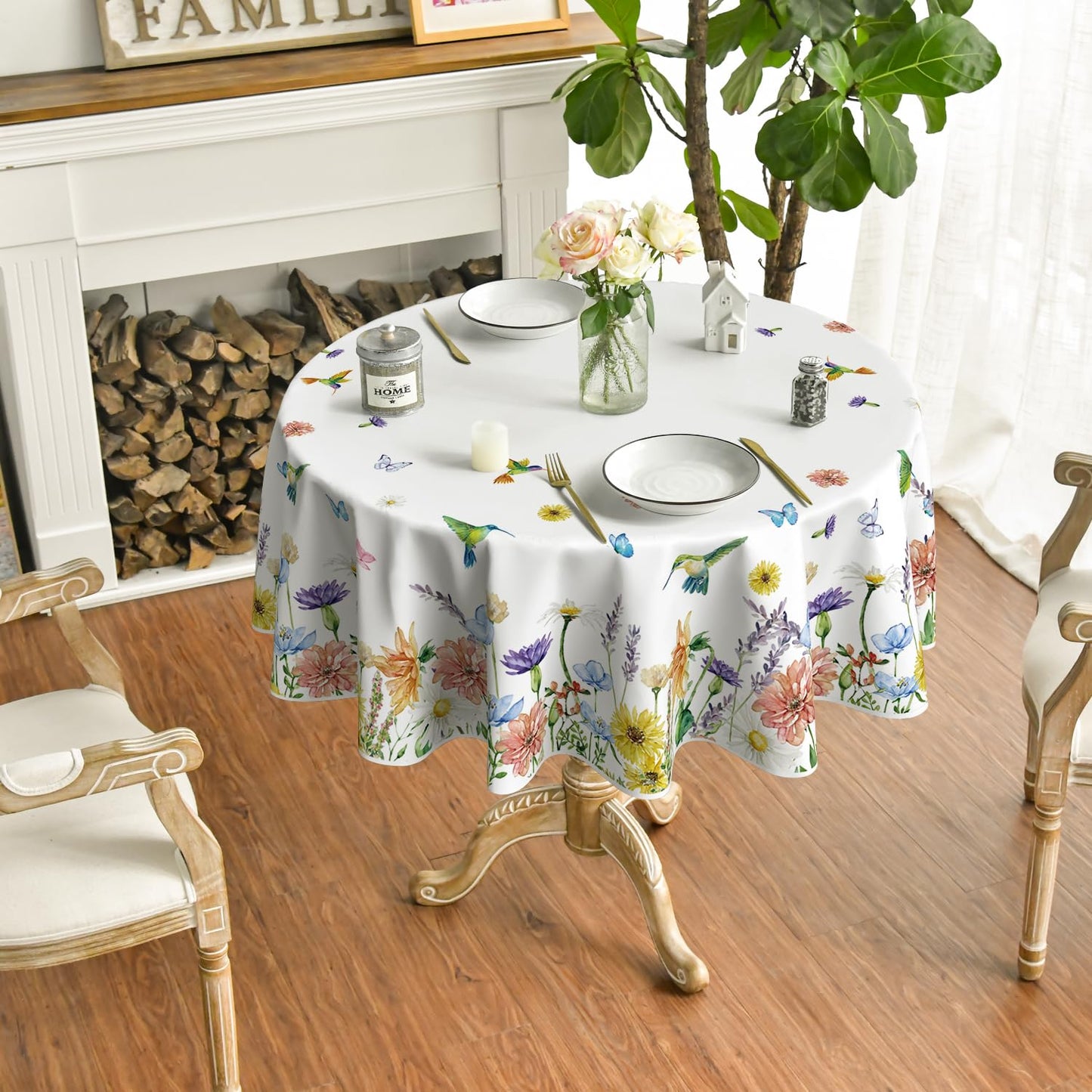 Horaldaily Spring Summer Tablecloth 60×60 Inch Round, Floral Flowers Butterfly Birds Washable Table Cover for Party Picnic Dinner Decor