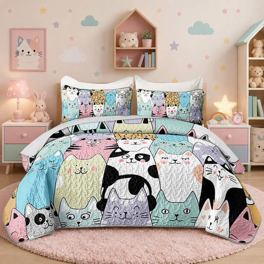 HOSIMA Cute Cat Queen Quilt Set for Teenage Girl Room Decor,Cartoon Colorful Pet Print Cat Quilt,Kawaii Bedding for Kids,Lightweight Aesthetic Animal Bedding with 2 Pillowcases.