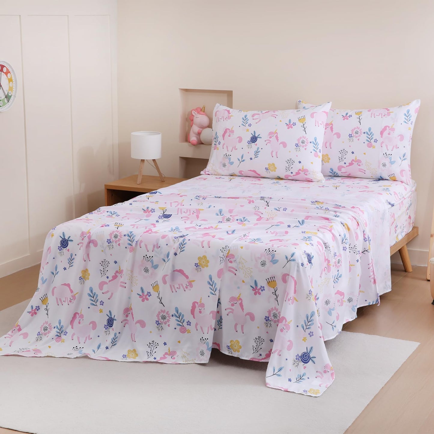 Yibeizi Unicorn Sheet Set for Girls Full, Kids Boho Floral Print Bedsheets Microfiber Deep Pocket Cute Patterned Bed Sheet & Pillowcase Sets 4 Pieces
