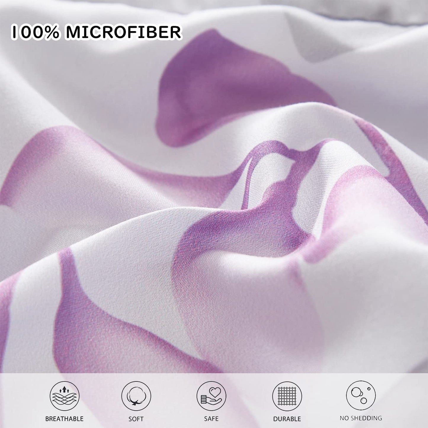 Yogeneg Botanical Comforter Set Queen Size 7 PCS Bed in a Bag,Purple Grey Leaves Printed on White Reversible Design,Soft Microfiber Bedding Complete Set for All Season(Purple,Queen)