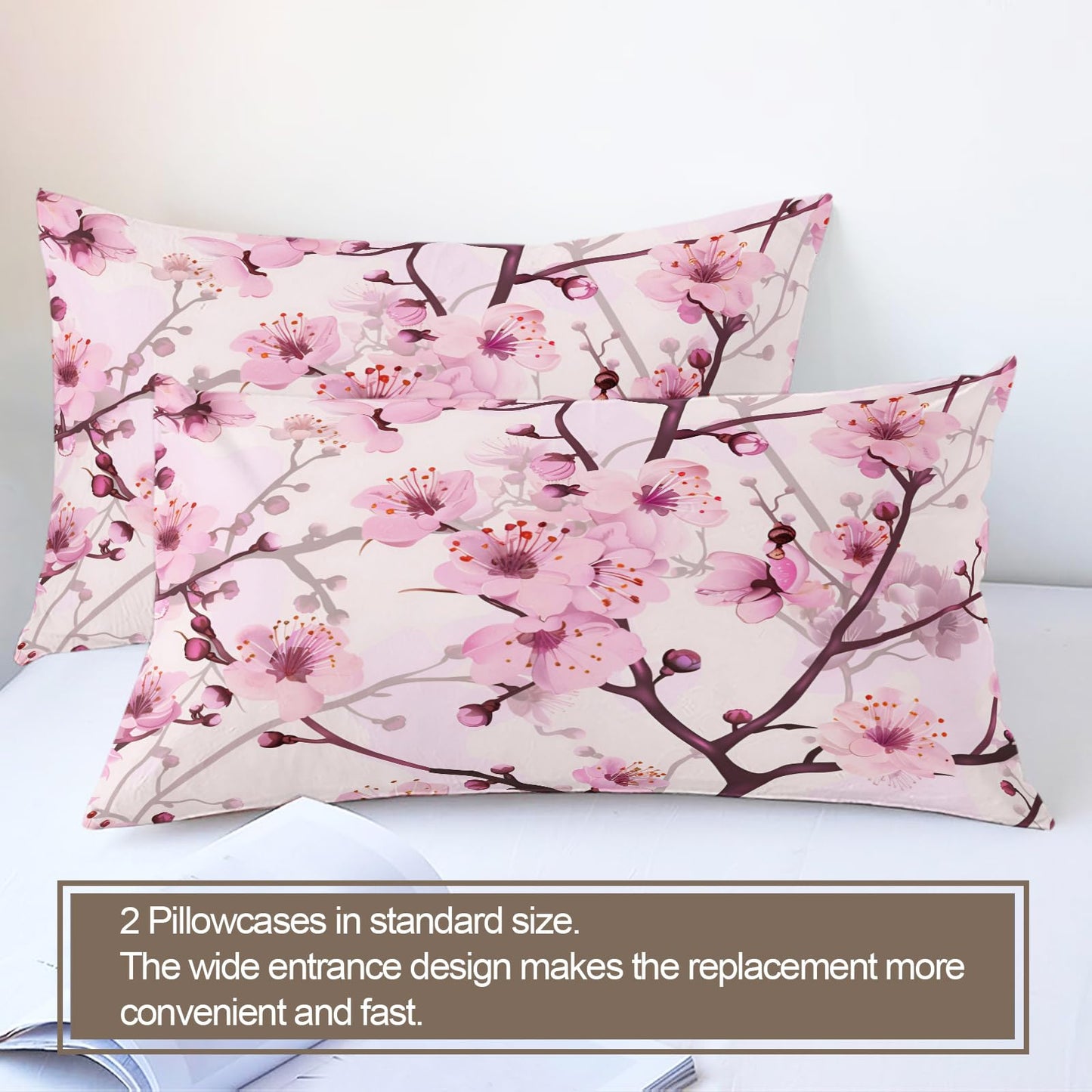 QINYUN Pink Floral Duvet Cover Oversized King, Cherry Blossoms Bedding Set 3 Piece, Girl Pink Flowers Duvet Cover with Zipper & Ties, 2 Pillowcases