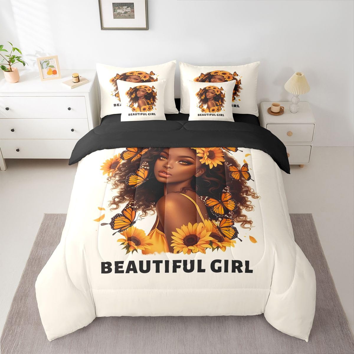 Erosebridal Beautiful Black Girls Queen Bedding Set Vibrant Sunflower Comforter Set with Flat and Fitted Sheet Teen Women Cute Butterfly 7-Piece Bed in a Bag Minimalist Art Quilt Sets