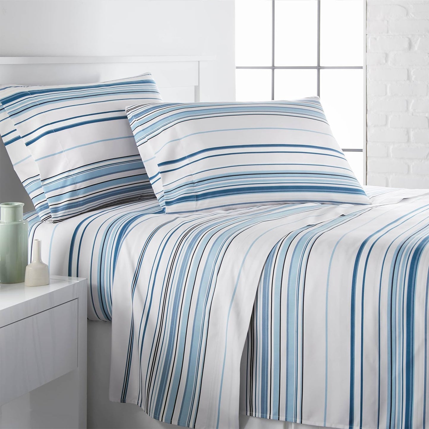Southshore Fine Living, Inc. Coastal Sheets Set, 4 Piece Full Size Sheet Set Beach House Bedding, 15 Inch Deep Pocket Fitted Sheet, Ultra Soft Microfiber Blue and White Striped Sheets Full Size - Blue