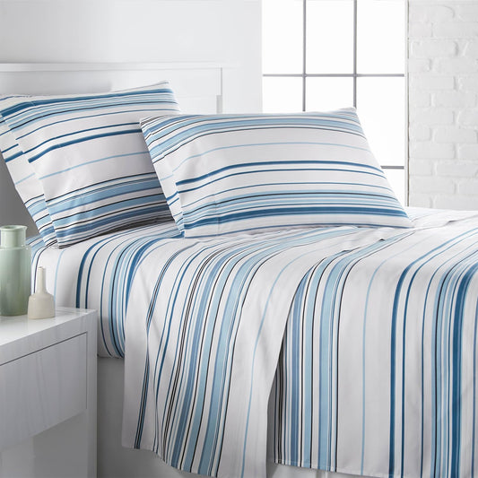 Southshore Fine Living, Inc. Coastal Sheets Set, 4 Piece Full Size Sheet Set Beach House Bedding, 15 Inch Deep Pocket Fitted Sheet, Ultra Soft Microfiber Blue and White Striped Sheets Full Size - Blue