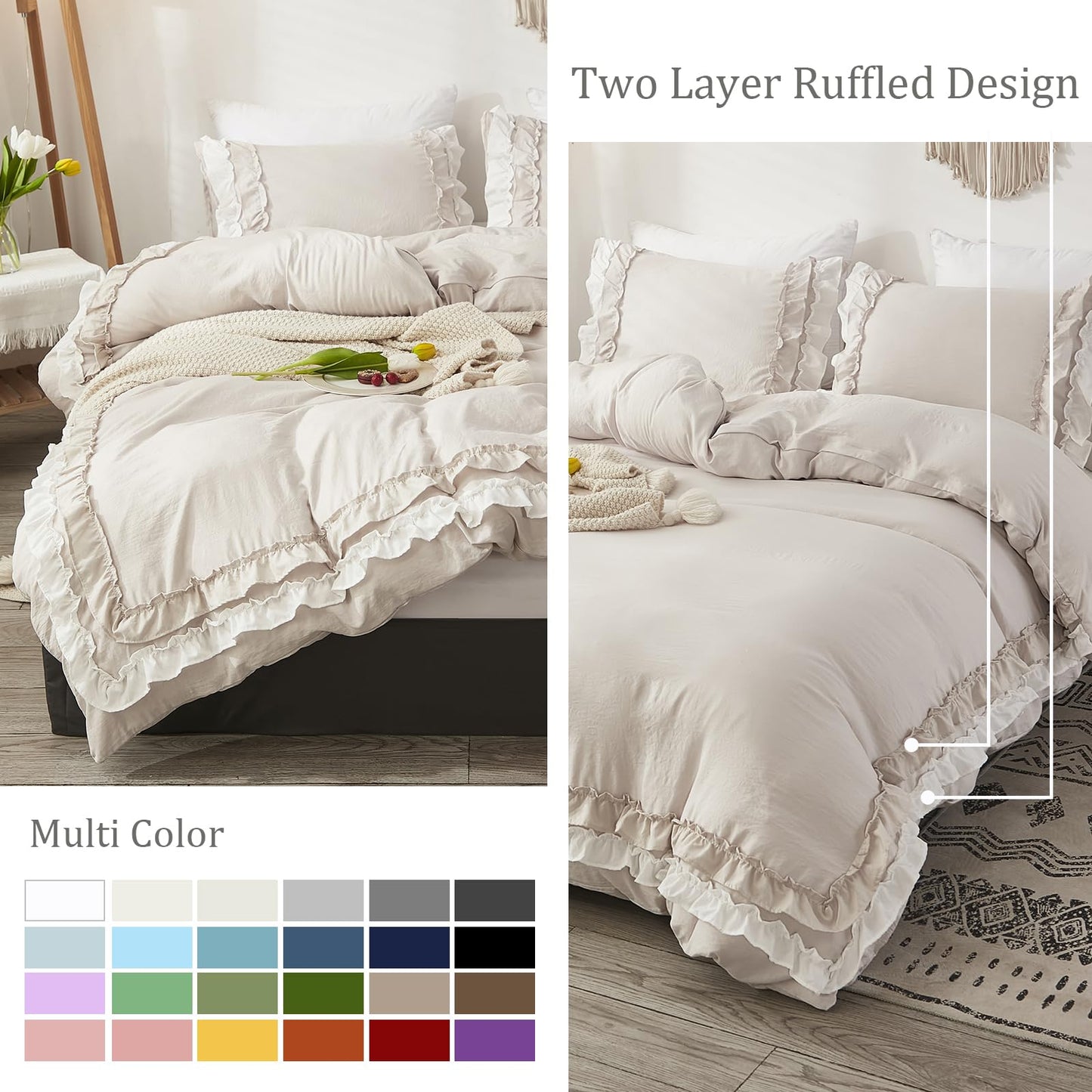 Bedorm Beige Duvet Cover Set Queen Ruffle Bedding Set Pleat Ruffled Shabby Chic Comforter Cover Extra Soft & Easy Care White Boho Duvet Cover with Zipper Closure