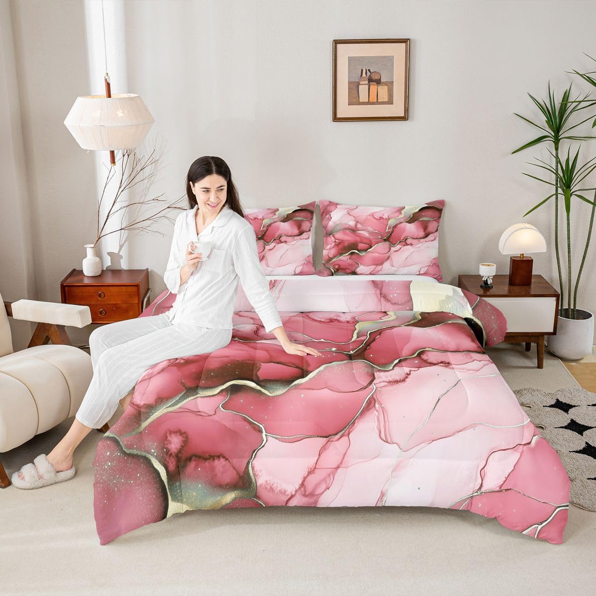 Erosebridal Marble Kids Comforter Sets Pink Marble Print King Bedding Set for Boys Girls Gold Liquid Quicksand Design Comforter Set,Novelty Modern Marbling Quilt Duvet 3 Pcs