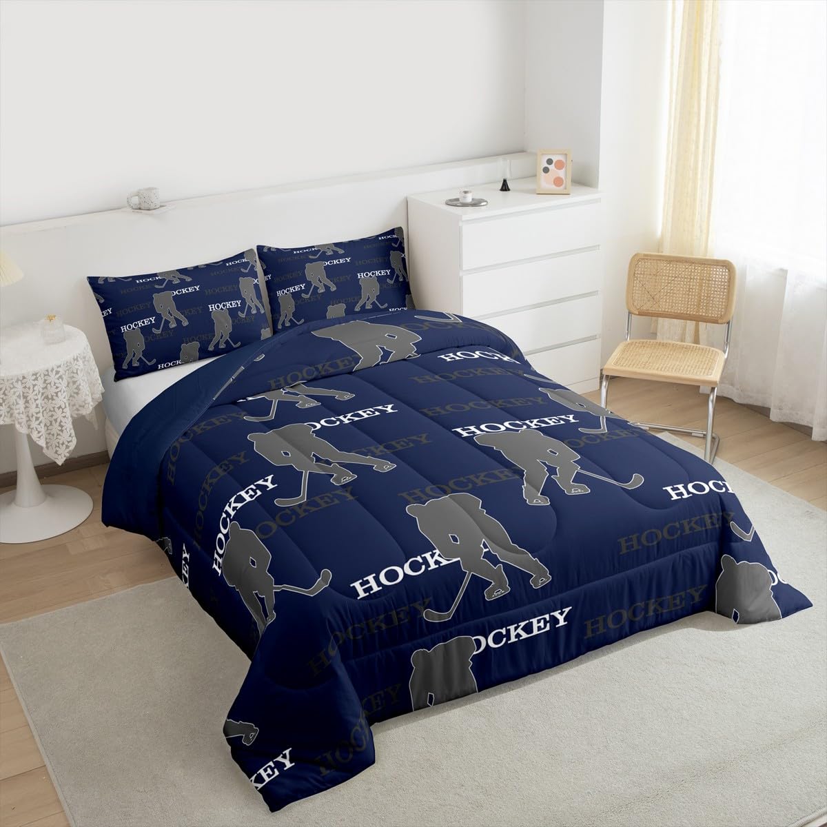 Manfei Hockey Players Kids Comforter Set Queen Size, Bedding Set,Girls Boys Room Decor,Competitive Games Teamwork Quilt Comforter,Dark Blue Gray Duvet Set Bedroom Quilt Set,2 Pillowcases