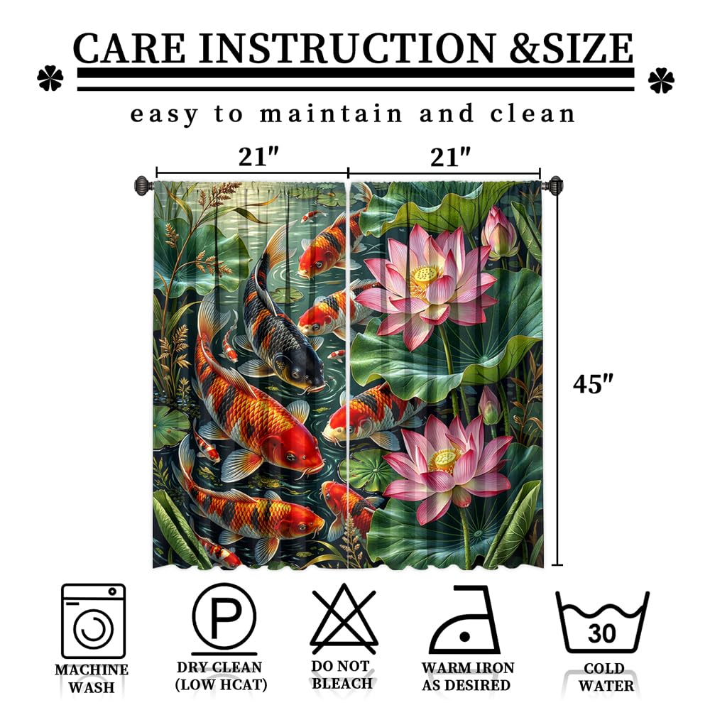 KuracleGH Retro Japanese Lucky Fish Blackout Curtains-Traditional Asian Oriental Fish Rod Pocket Back Tab Drapes,Summer Pond Lotus Floral Leaves Thermal Insulated Curtain,2pcs,Each 21“W x 45”L