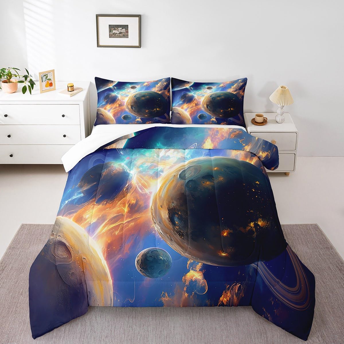 jejeloiu Solar System Bedding Set Full Size Kids Outer Space Comforter for Boys Girls Universe Planets Comforter Set Galaxy Duvet Set Room Decorations Quilt Set