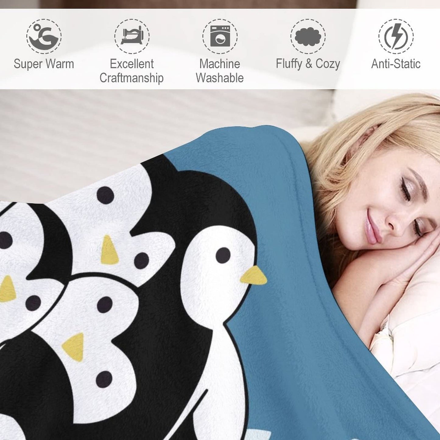 Personalized Penguin Blanket Gifts with Name - 60"x80" Cute Throw Blanket for Adults, Kids - Blue Soft Plush Blankets for Bed, Couch & Living Room