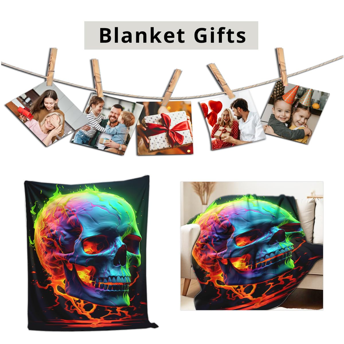HUNXIAOJ Skull Blanket Throw Skeleton Flannel Blanket Gothic Print Throw Gifts for Kids Girls Boys Adults Women Men Halloween Decor Queen Size Bed Couch (49"x59")