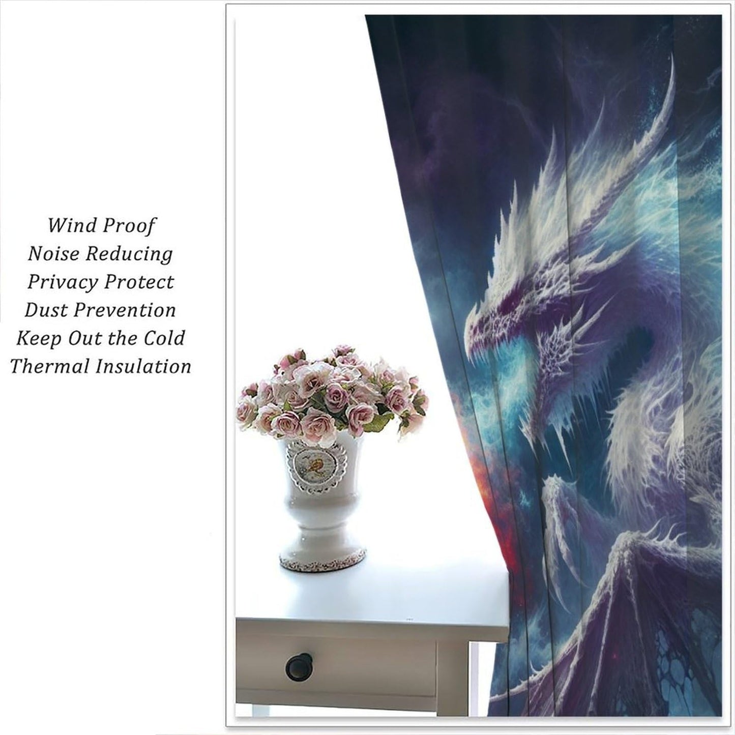 Dragon Blackout Curtains, Fire and Ice Fantasy Blue Red Dragon Home Decor for Boys Girls Teen Bedroom Living Room Kitchen Window Treatment 2 Panels Set Total Size 42" W X 63" L Inch