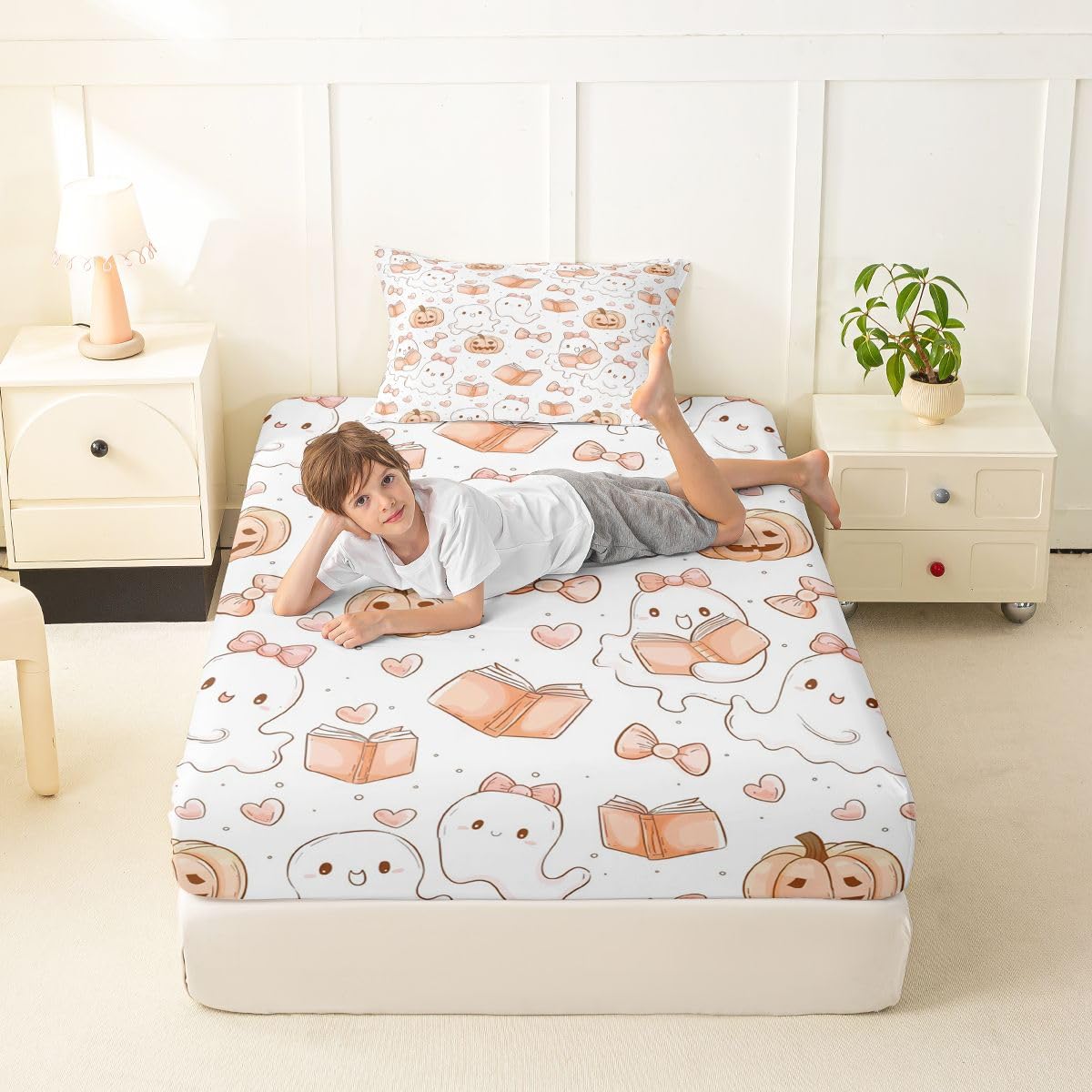 Feelyou Ghost Fitted Sheet Twin Size for Kids Boys Girls Halloween Themed Bed Sheets Set 16" Deep Pocket Soft Breathable Microfiber Trick or Treat Bedding with 1 Pillowcase Room Decor