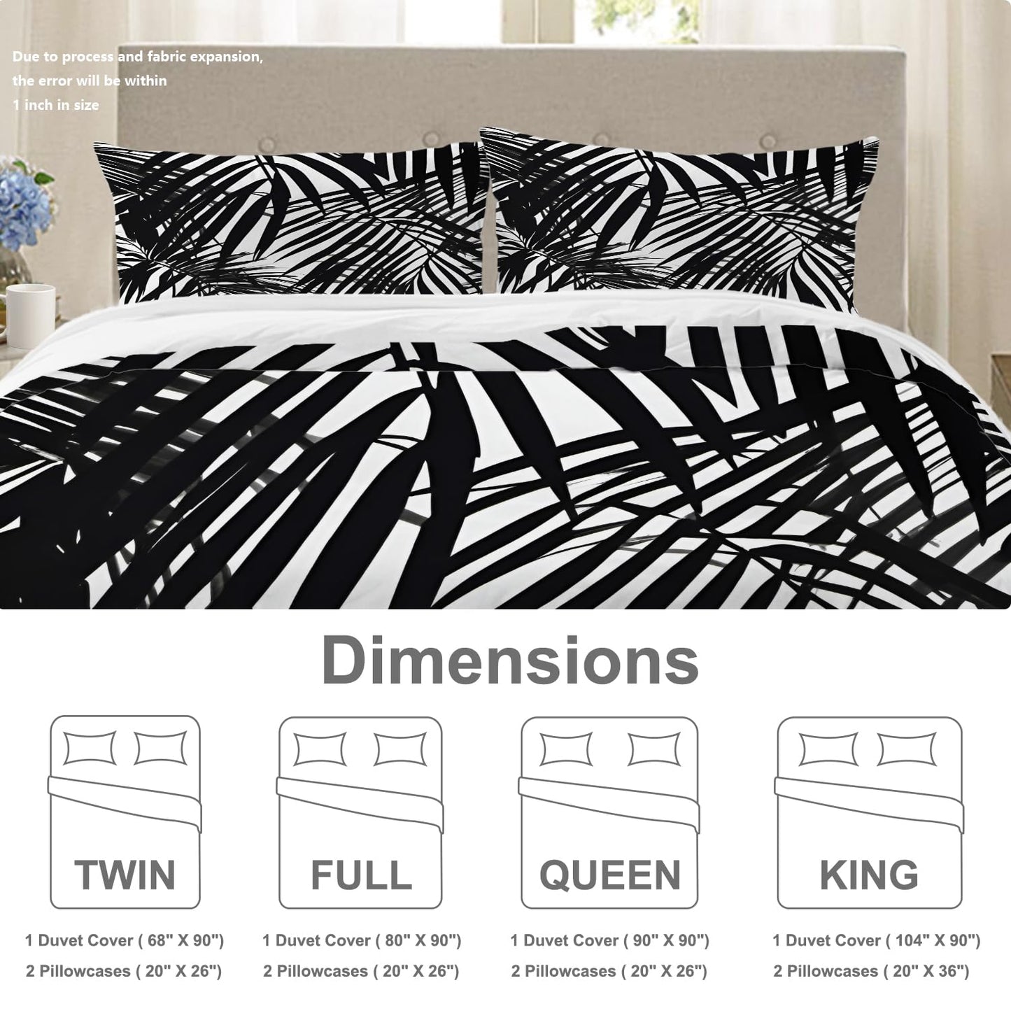 BaoNews Black White Foliage Plants 100% Cotton Duvet Cover Set Full Size, Palm Leaf Bold Lines Tropical Theme Bedding Sets Soft Comforter Cover with Zipper Closure and 2 Pillowcases(No Filler)