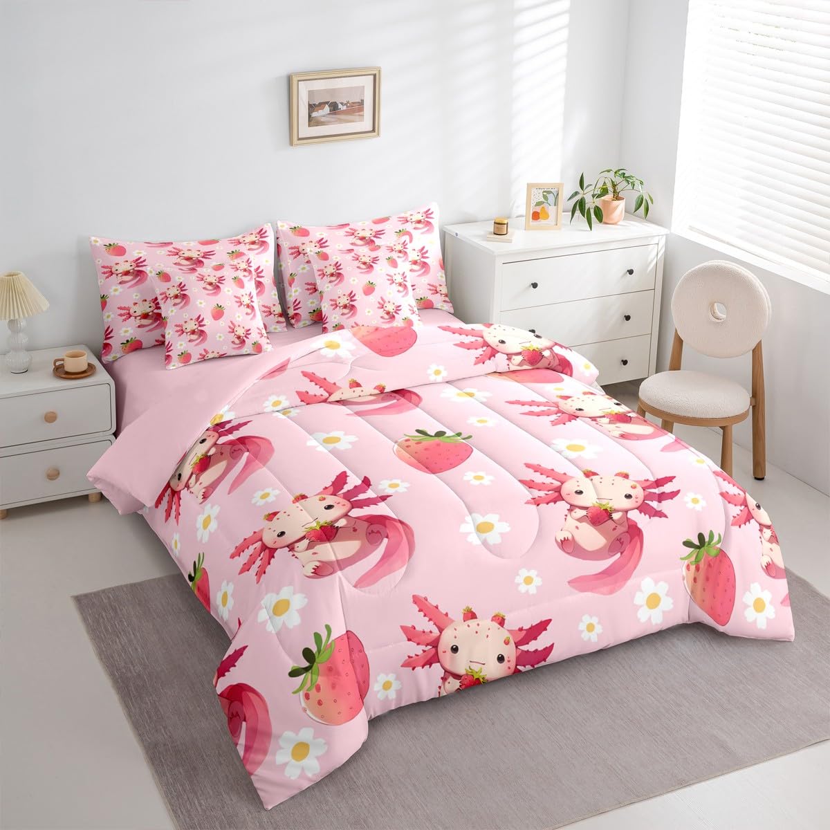 Erosebridal Strawberry Axolotl Queen Comforter Set Cute Pink Axolotl Bed in a Bag for Kids Girls Teens Cute Daisy Flower 7-Piece Bedding Set Kawaii Sea Animal Quilt Duvet Sets with Floral Design