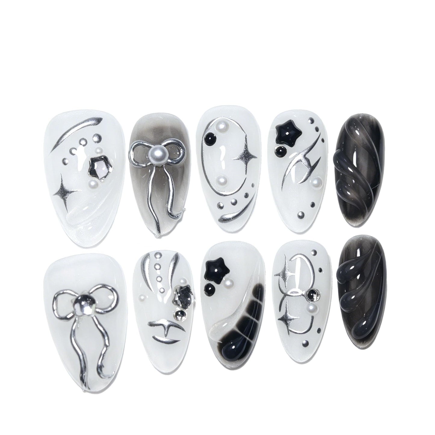 EasierGlow 10 Pcs Handmade Short Almond Press On Nails - Easy Apply & Remove, Reusable & Salon Quality | Y2K Gothic Black & White Press Ons with 3D Bow, Star & Swirl Sculpted Accents (UO02, S)
