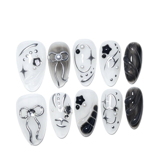 EasierGlow 10 Pcs Handmade Short Almond Press On Nails - Easy Apply & Remove, Reusable & Salon Quality | Y2K Gothic Black & White Press Ons with 3D Bow, Star & Swirl Sculpted Accents (UO02, S)