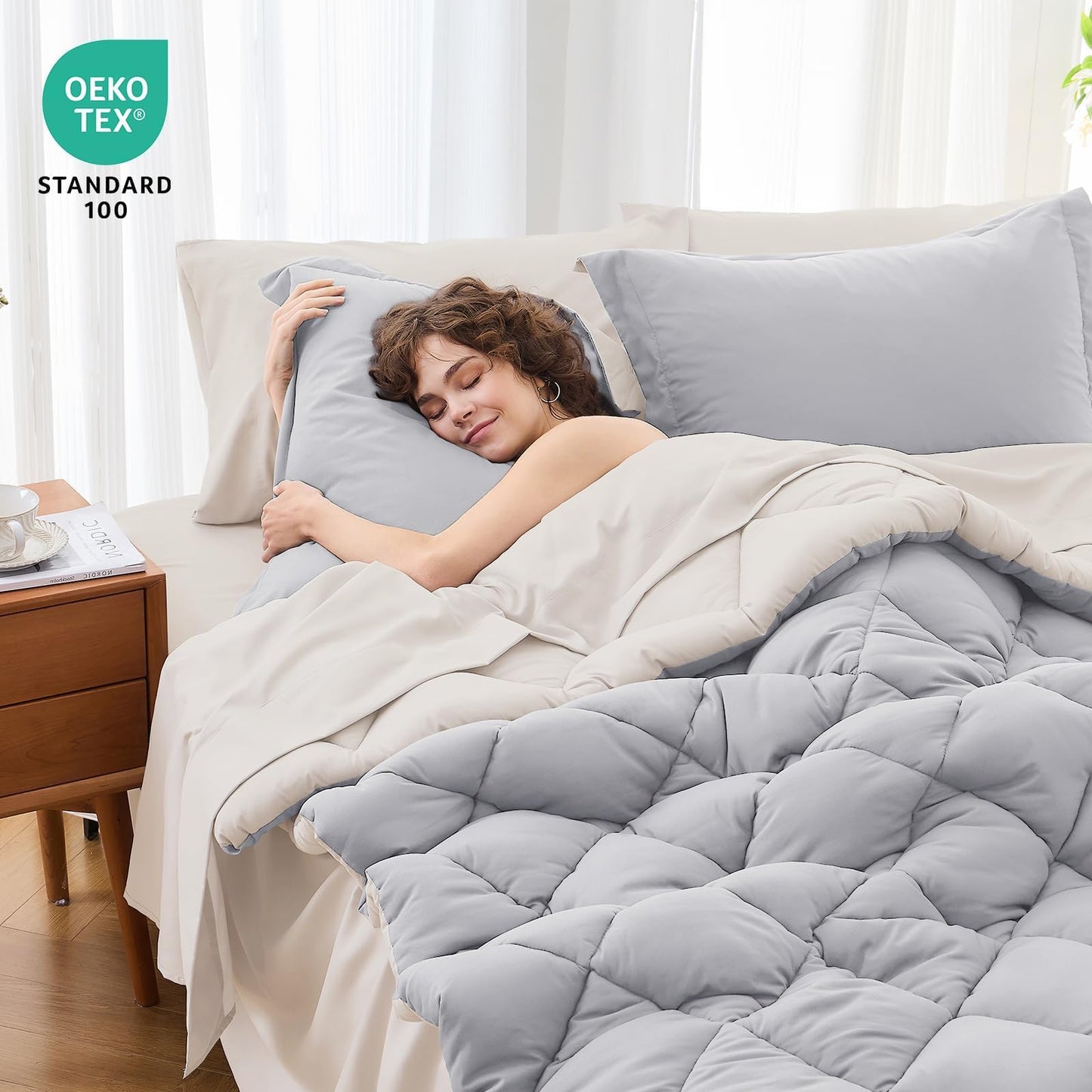 MUXHOMO 7 Pieces California King Comforter Set, Reversible Bed in a Bag Cal King Size, All Season Bedding Set with Comforter, Flat Sheet, Fitted Sheet, Pillowcases & Shams, Light Grey & Beige