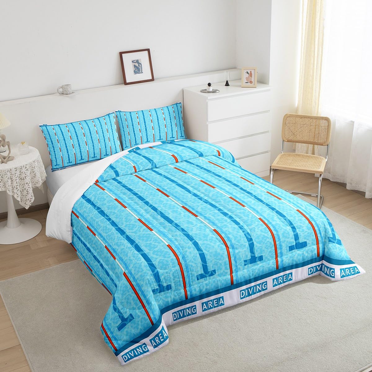 Manfei Swimming Kids Comforter Set Queen Size,Swim Sports Games Modern Fashion Bedding Set,Boys Girls Adults Room Decor,Swimming Pool Chic Down Comforter,Blue Unique Duvet Insert,2 Pillowcases