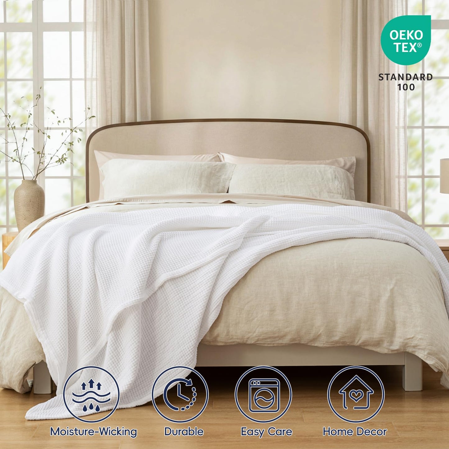 PHF 100% Cotton Waffle & Muslin Blanket Queen Size, Soft Breathable Luxury 400GSM Versatile Reversible Bedding for Bed, Great for Layering in Cold Weather, Home Decor Gift, 90" x 90", White
