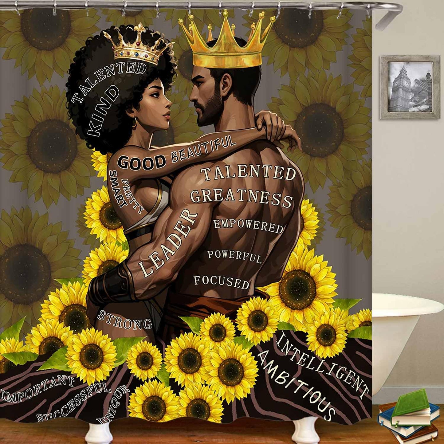 OLEBETY 4PCS African American Shower Curtain Sets with Rugs, Inspirational Quotes Shower Curtain, Sunflower Luxury Gold Crown Black King and Queen Men Women Romantic Afro Couple Lovers Bathroom Decor