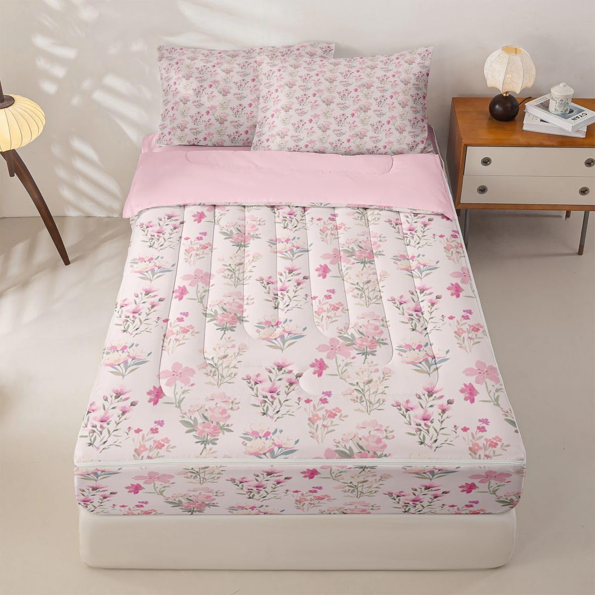 Feelyou Flower Comforter Set Full Size Zipper Bedding Set for Girls Boys Floral Spring Comforter with Fitted Sheet, Pillowcases Pink Green Block Print Zipper Bedding Breathable Boho Bed in a Bag