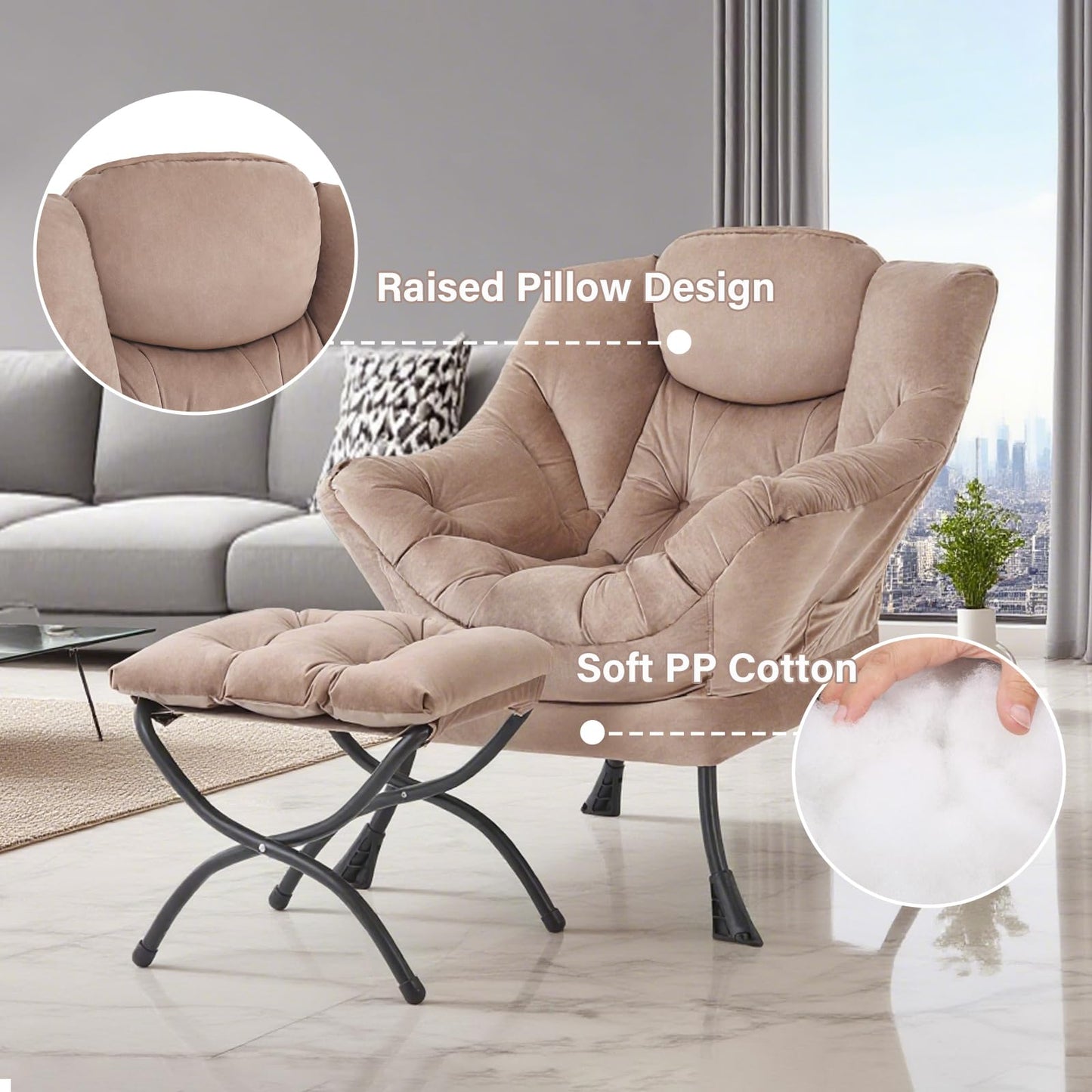 Tiita Lazy Chair with Ottoman, Khaki Modern Large Accent Chair, Comfy Leisure Sofa Armchair with Ottoman, Reading Chair with Footrest for Bedroom, Living Room, Dorm Rooms, Velvet Khaki