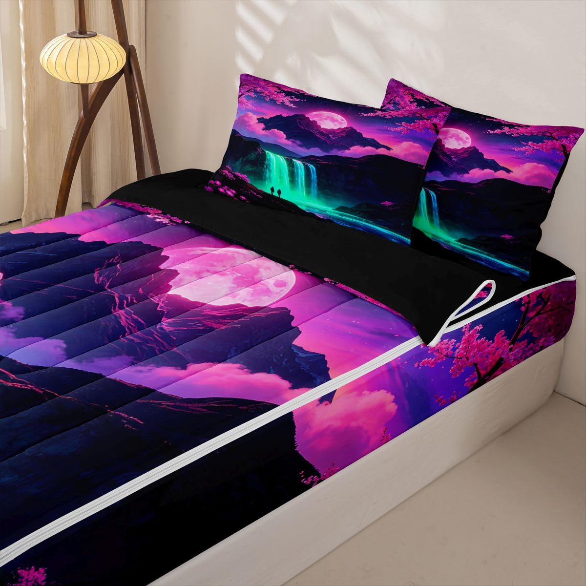 Feelyou Japanese Anime Zipper Bedding Sets for Kids Boys Girls Japan Full Comforter Set with Fitted Sheet Nature Landscape Bedroom Decor Microfiber with 2 Pillow Cases