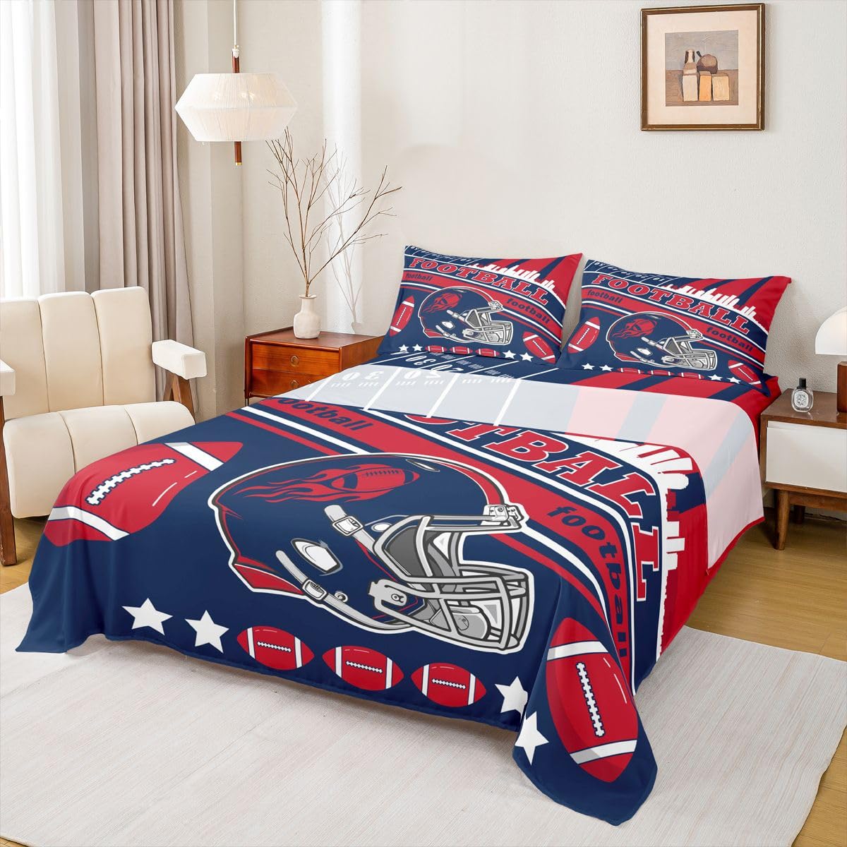 Feelyou Football Bed Sheets Set Boys Twin Size Women Men Rugby Sports Bedding Set Football City Fitted Sheet with 16 Inch Deep Pockets
