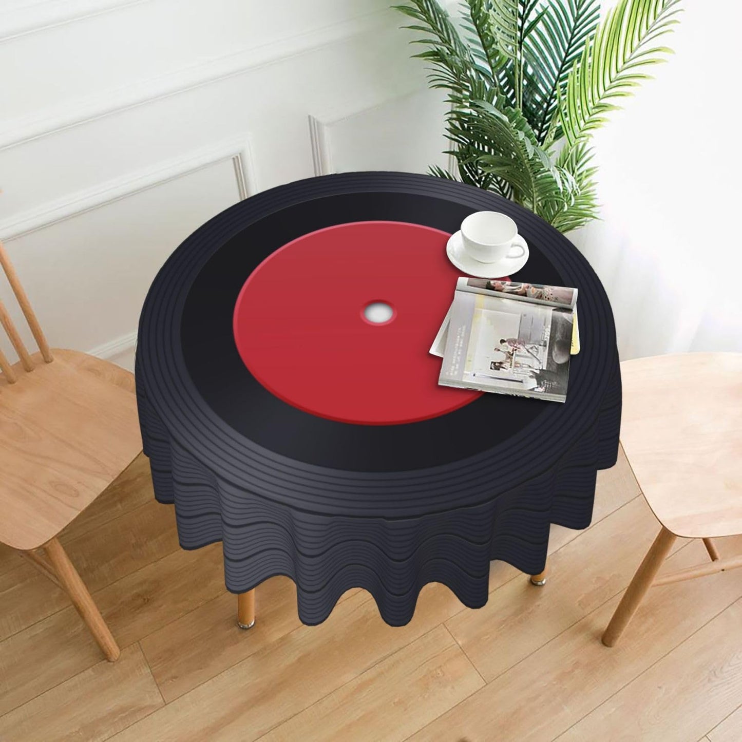 mutakin Record Round Tablecloth Music Disk Table Cloth Washable Reusable Decoration Table Cover for Kitchen Party 60 Inch