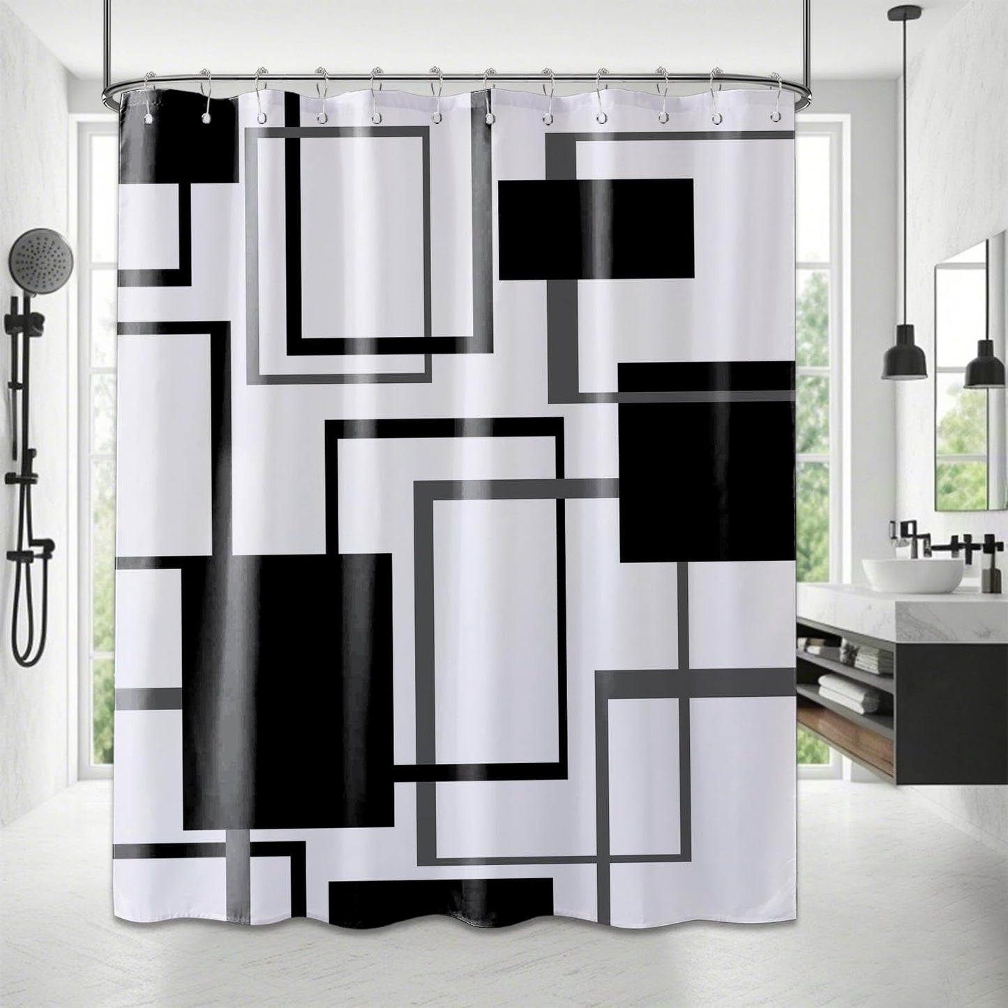 Yieldeer Black and White Geometric Shower Curtain, 70 x 72 Inch