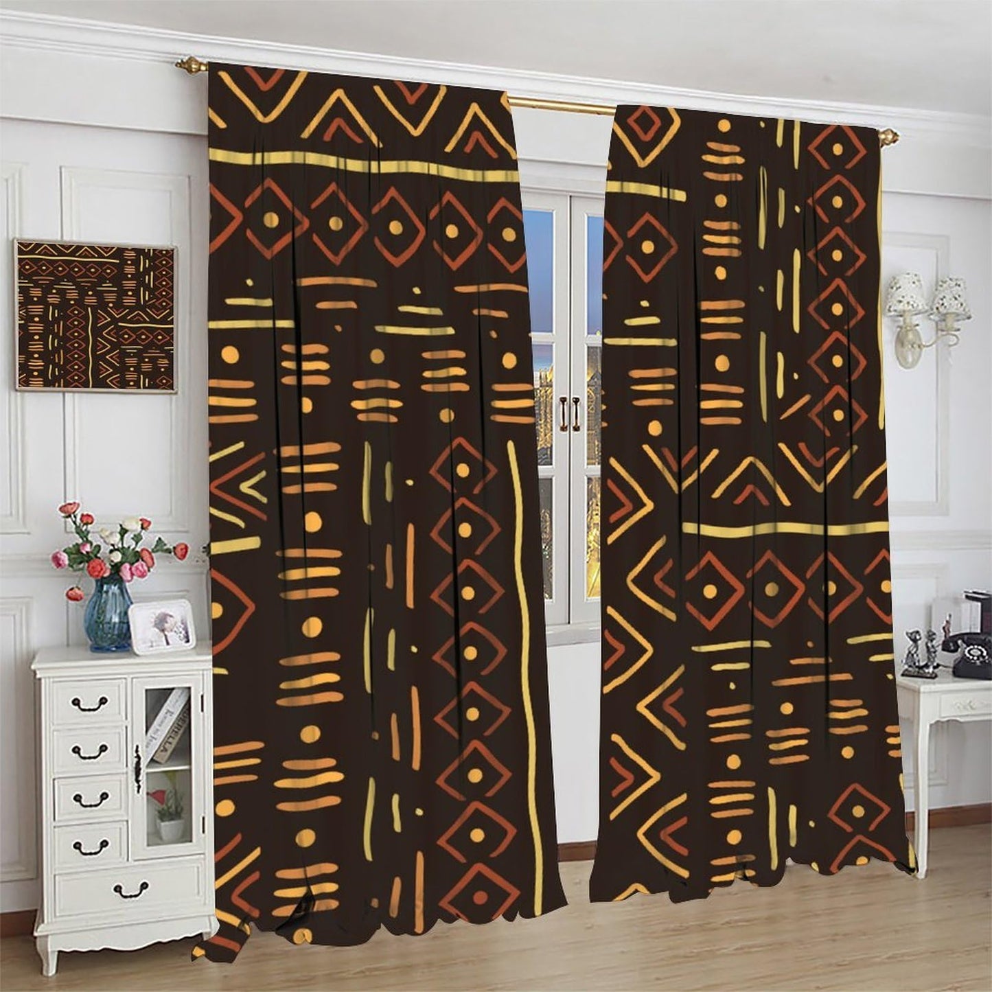 African Mask Woman Curtains Boho Ethnic Traditional African Traditional Ceremony Giraffe Silhouette Rod Pocket Window Treatments for Living Room Bedroom Kitchen 2 Panels 41" x 45"（No Blackout）