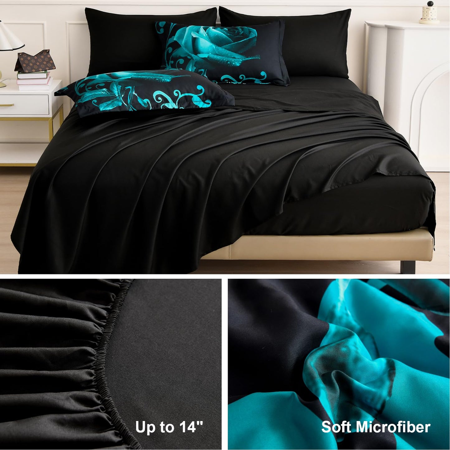 WONGS BEDDING Teal Green Comforter Set King, Reversible Rose 7 Pieces Bed in a Bag, Lightweight Soft Microfiber Bedding Sets with Flat Sheet, Fitted Sheet, Pillowcases & Shams