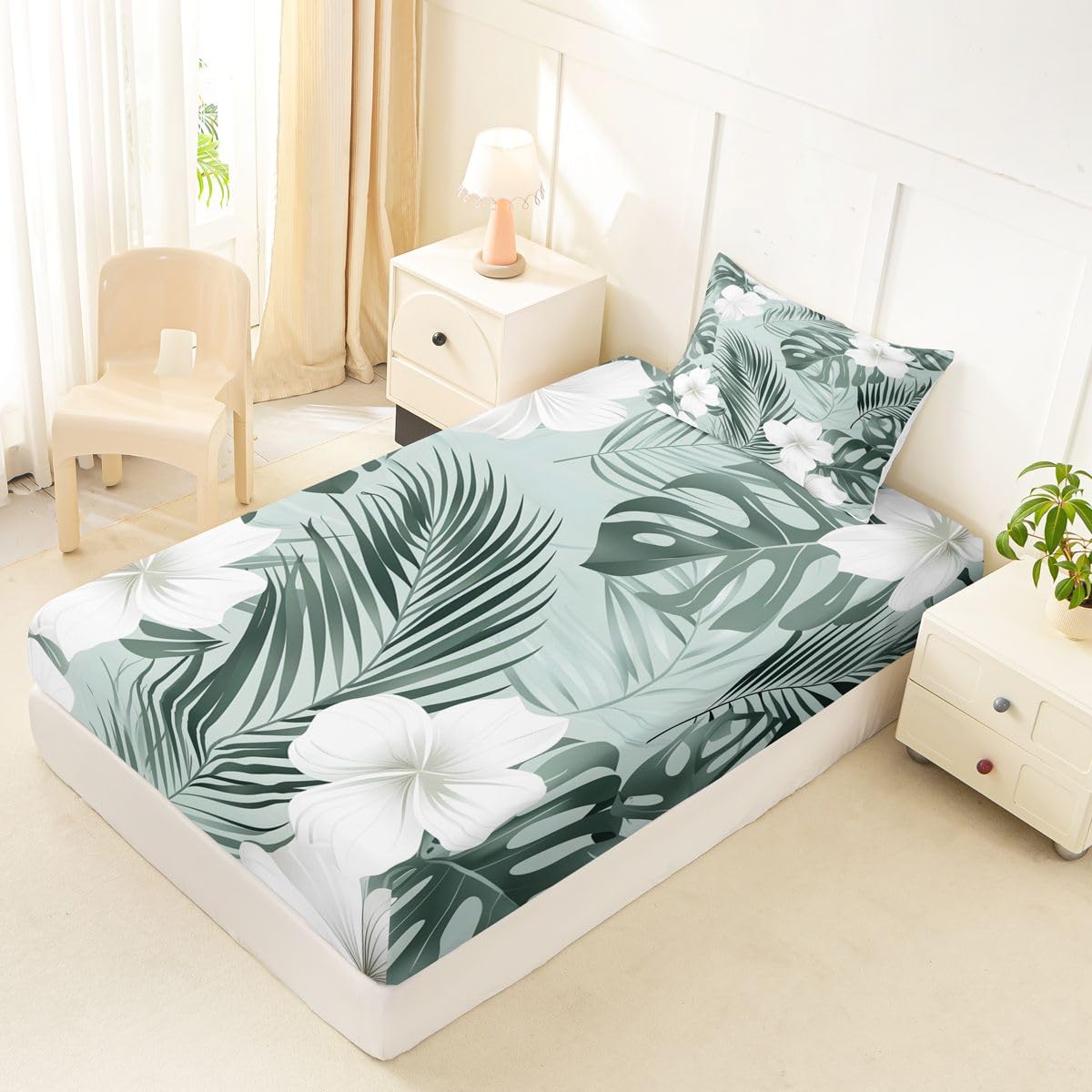 Erosebridal Tropical Floral Fitted Sheet Twin Gradient Mint Watercolor Palm Leaf Floral Bed Sheets Soft Breathable Bedding Set,Summer Hawaiian Themed Bed Cover 2 Pcs
