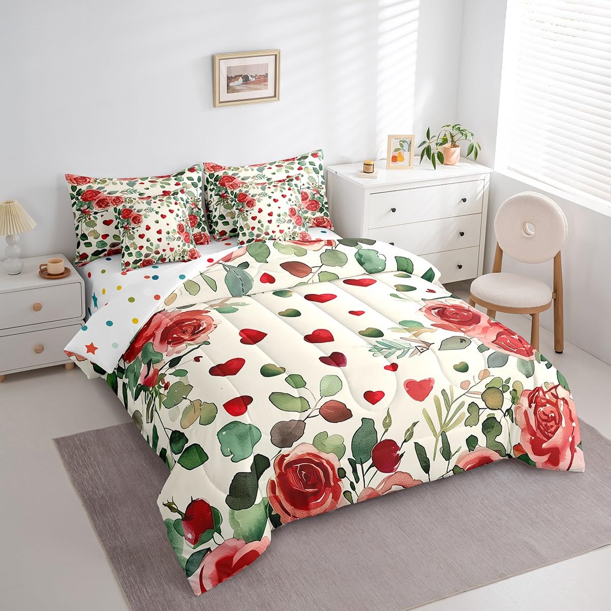 Erosebridal Valentine Rose Queen 7 Piece Bedding Set - Romantic Red Love Roses Floral Comforter Set with Sheets for Kids Adults Couple Room Decor, Green Leaf Bed in a Bag with Fitted + Flat Sheet
