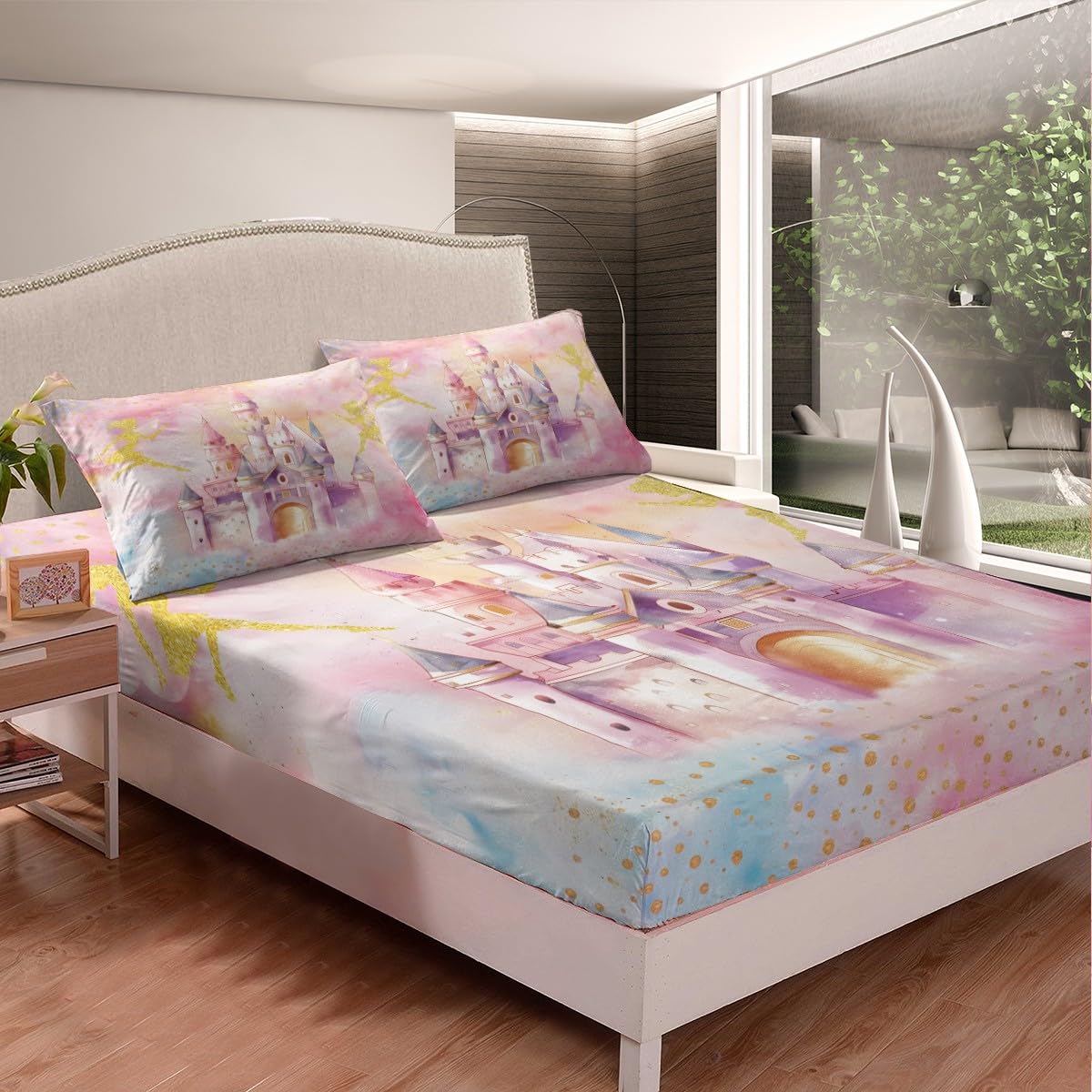 Erosebridal Pink Castle Twin Bedding Set,Cute Dreamy Fairy Fitted Sheet for Girls Teen Kids,Coquette Sweet Princess Bed Set,Kawaii Girly Bed Sheets 2Pcs Room Decor (No Flat Sheet)