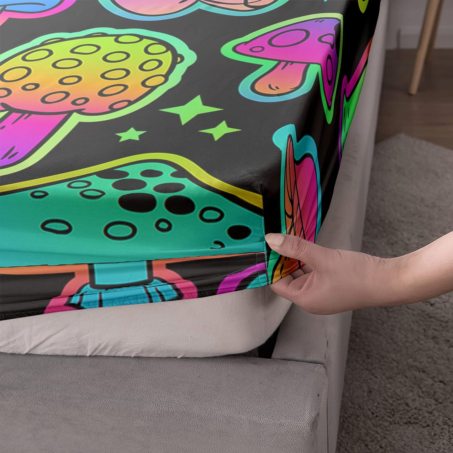 Axolotl Mushroom Sheet Set Kids Bedding Twin,4Pcs Colorful Soft Gradient Mushroom Bedding Set with 1 Fitted Sheet 1 Flat Sheet 2 Pillowcases,Cute Bed Sets for Kids Boys Girls Teens Adults,Black Neon