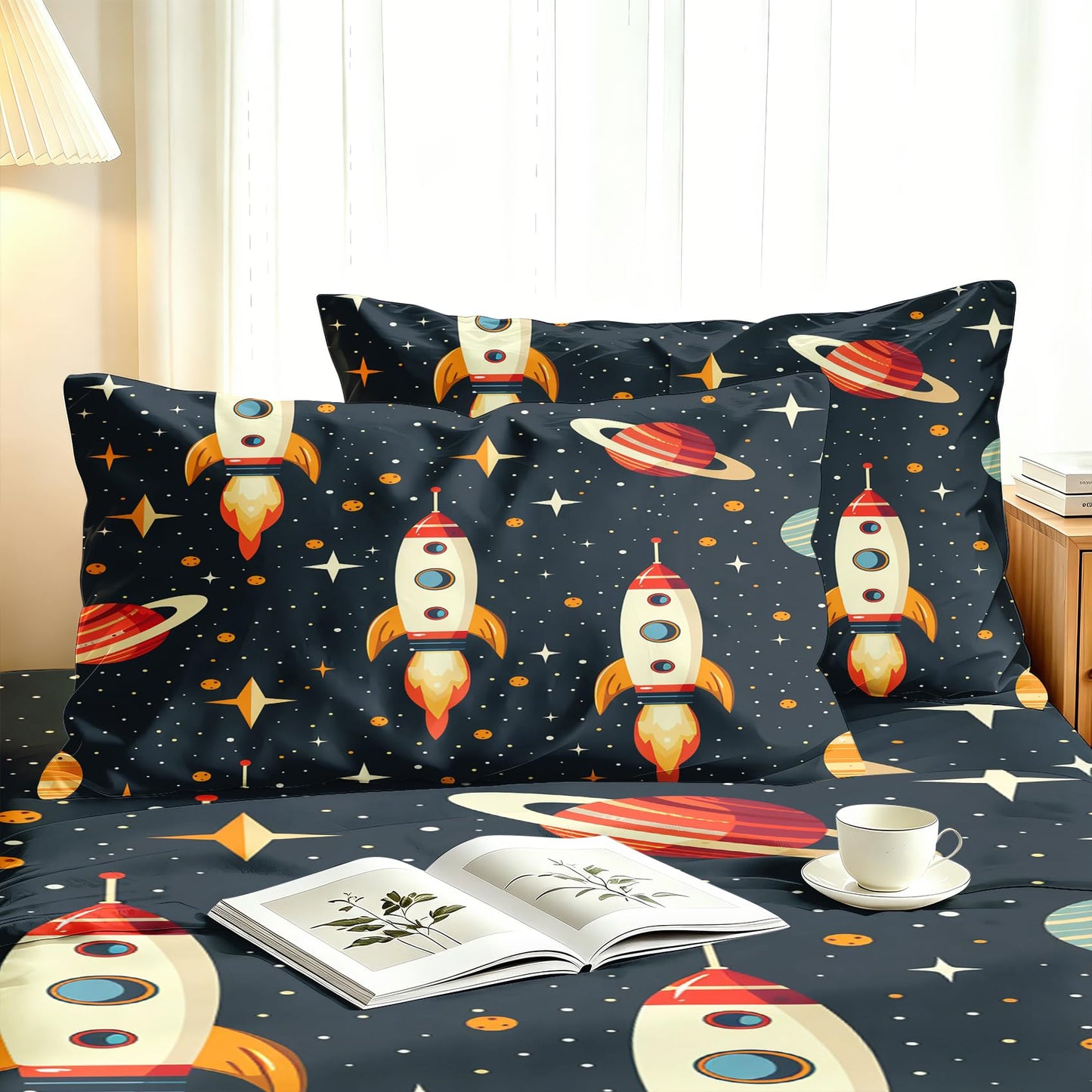 Rocket Twin Sheet Set 3 Pcs Boys Outer Space Bed Sheets, Navy Blue Red