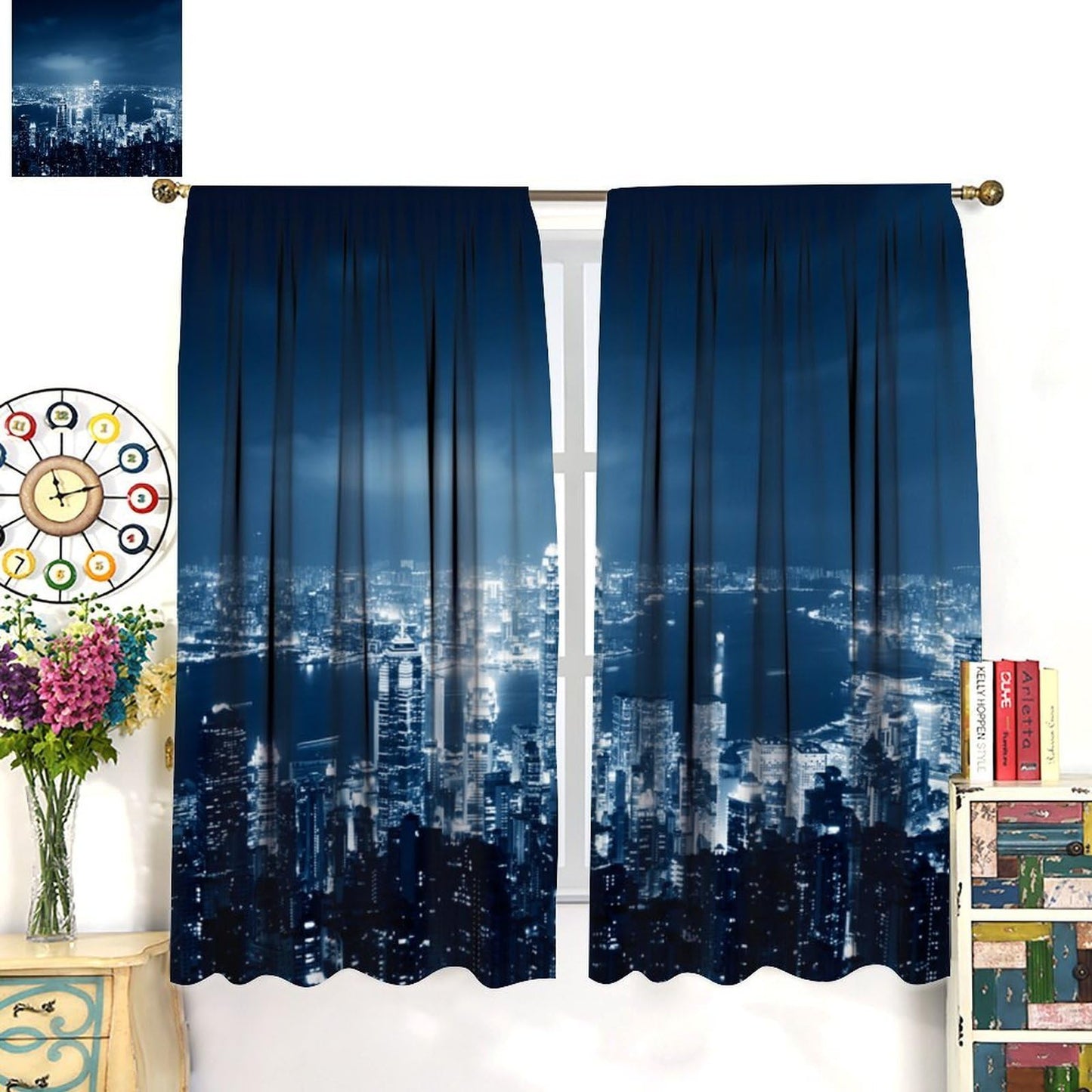 City Skyline Curtains, Blue Night City Lights Harbor View Print, Rod Pocket Light Filtering Window Drapes for Living Room Bedroom, 20.5" W x 44.5" L, 2 Panels （No Blackout）