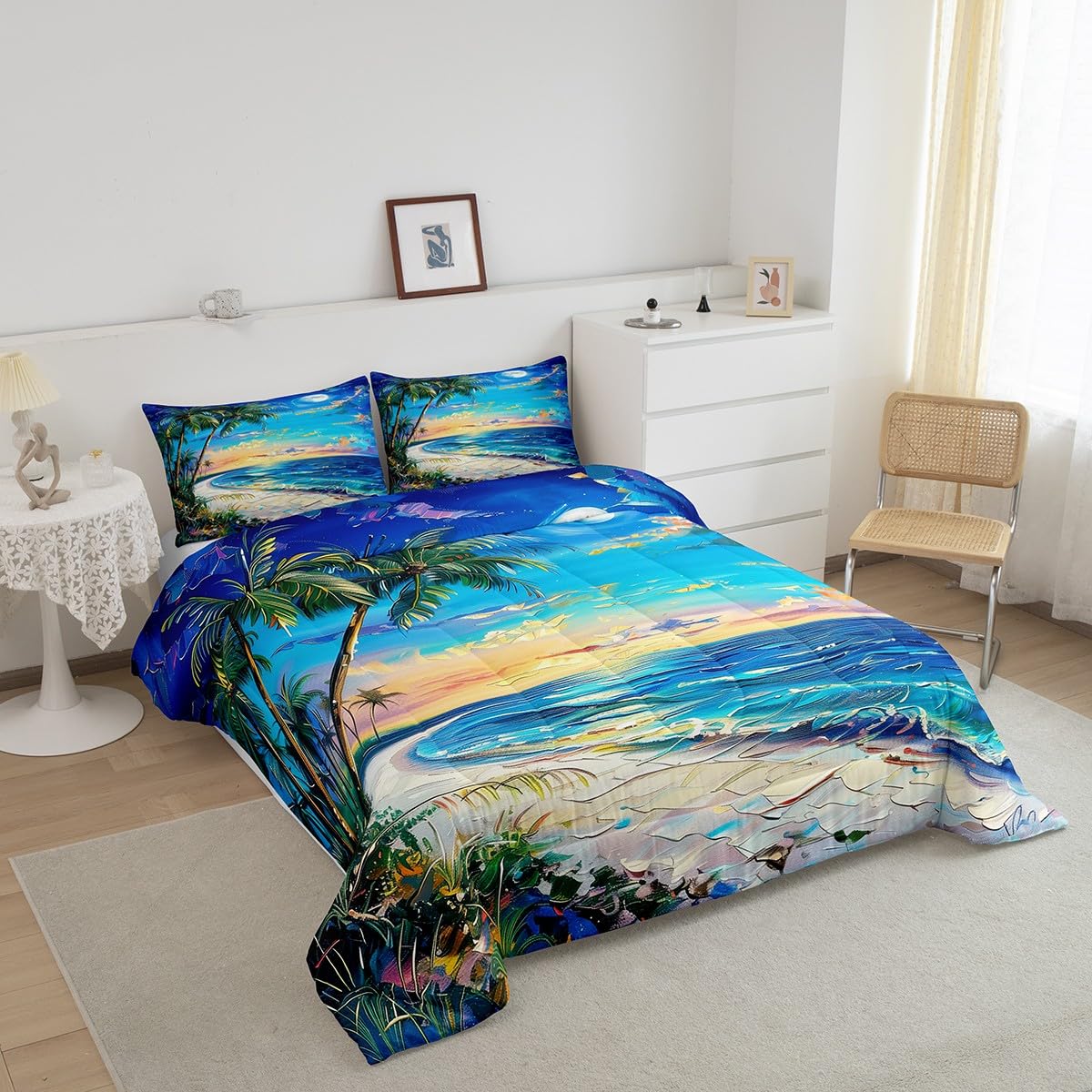 Castle Fairy Seaside Hawaii Comforter Queen,Tropical Coconut Tree Watercolor Oil Painting Quilt Comforter with 2 Pillowcases,Sea Ocean Beach Coastal Bedding Set Comfortable,Soft and Breathable